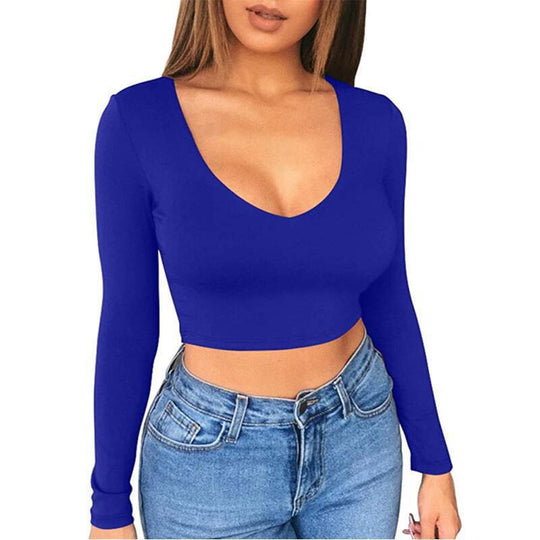 Damen modisches Crop-Top mit tiefem V-Ausschnitt und langen Ärmeln EB