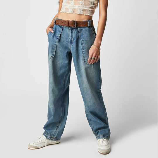 Damen nan weite High-Waist Baggy-Jeans mit tiefem Schritt, Five-Pocket Design und extra-langen Beinen EB