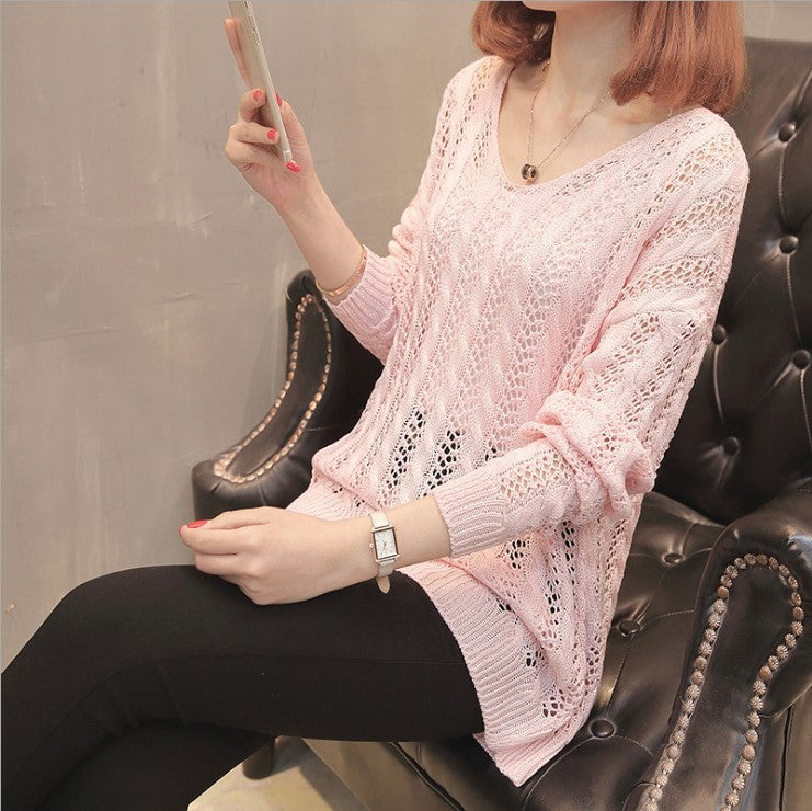 Damen Strickpullover mit elegantem V-Ausschnitt und lässigem Lochmuster EB