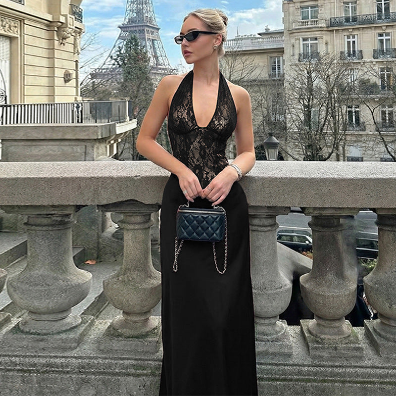 Damen Elegantes Maxikleid mit tiefem V-Ausschnitt und Spitzeneinsatz EB