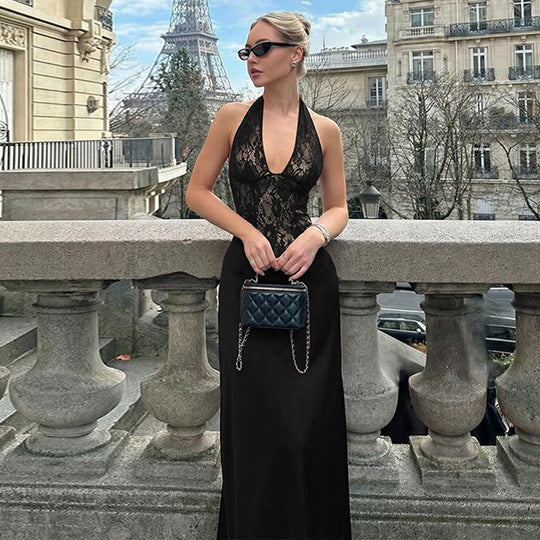 Damen Elegantes Maxikleid mit tiefem V-Ausschnitt und Spitzeneinsatz EB