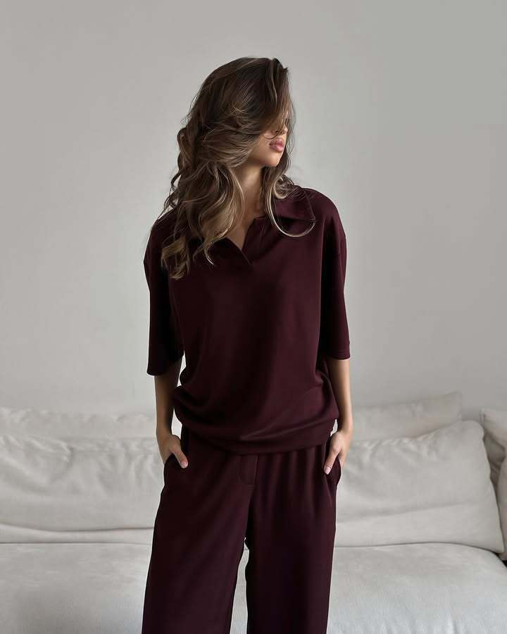 Damen Loungewear-Set mit offenem Polokragen und weiter Komforthose EB