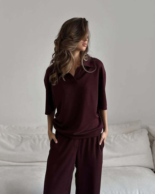 Damen Loungewear-Set mit offenem Polokragen und weiter Komforthose EB