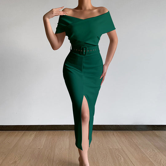 Damen Off-Shoulder Maxikleid mit Taillengürtel und seitlichem Schlitz EB