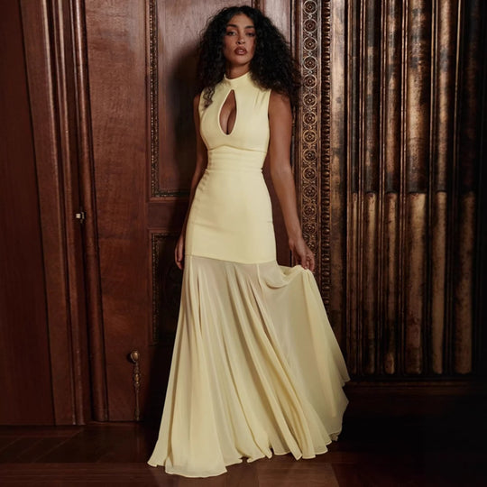 Damen Elegantes Kleid mit hohen Kragen und Schlitz EB