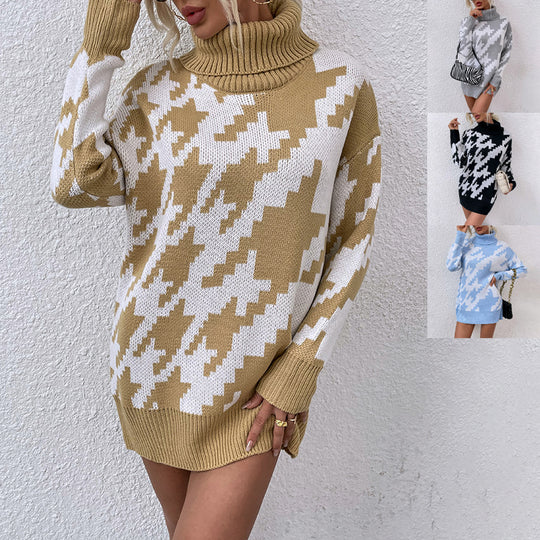 Damen Oversized Pullover mit Hohem Kragen und Modernem Muster EB