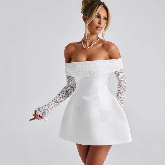 Damen Off-Shoulder Kleid mit floralen Spitzenärmeln und schwingendem Rock EB