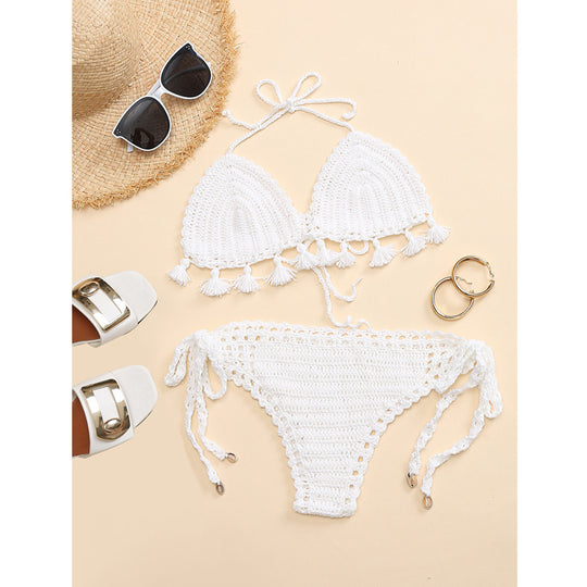 Damen Häkel-Bikini-Set mit fransigen Akzenten und verstellbaren Trägern EB