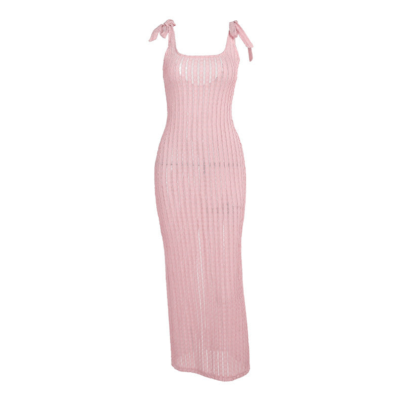 Damen Maxikleid mit feinen Streifen und dekorativen Trägern EB