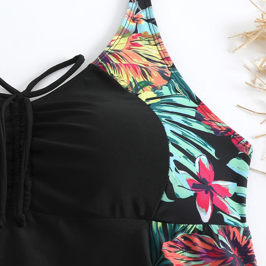Damen Sportliches Badeanzug-Set mit floralem Seiteneinsatz EB