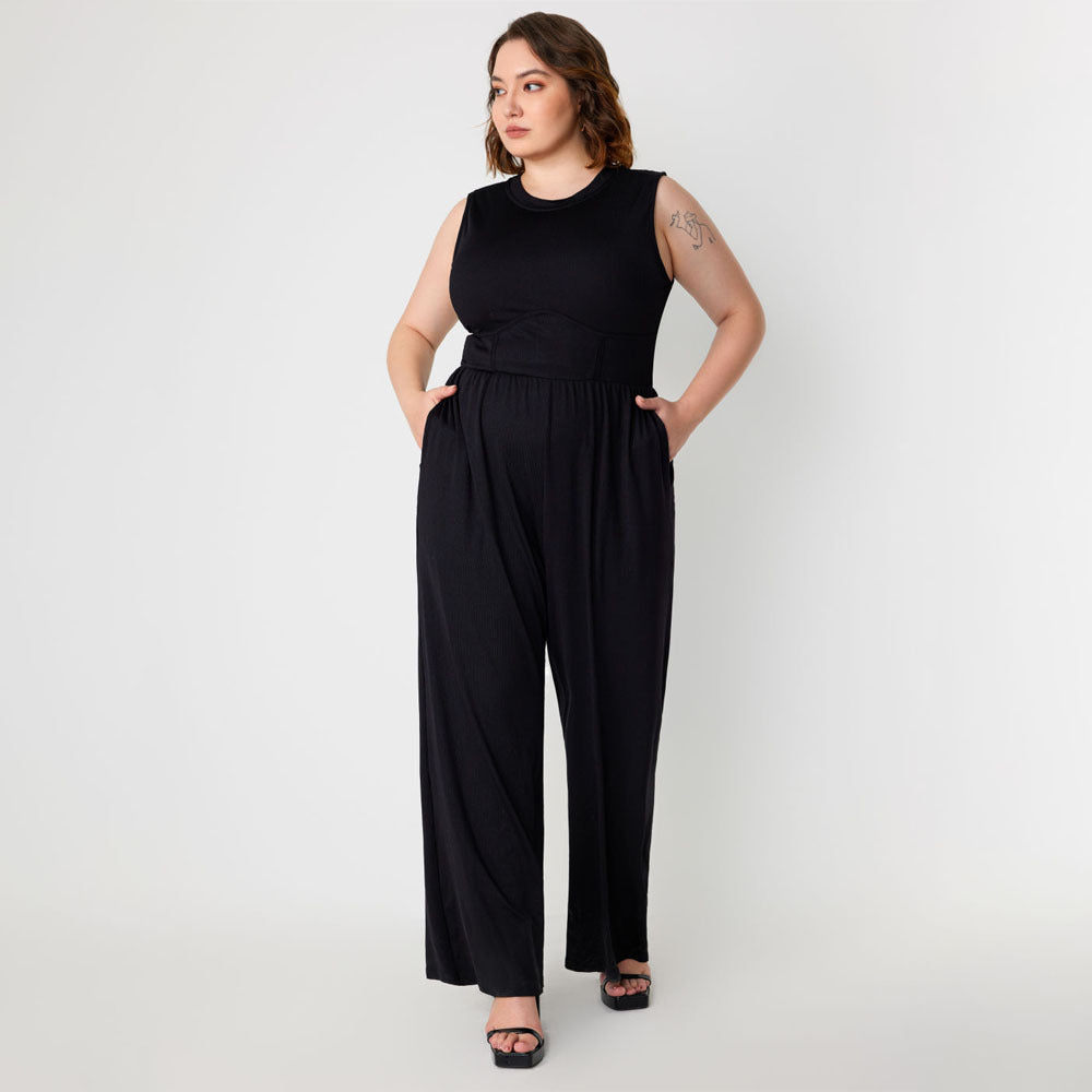 Damen Jumpsuit mit elegantem schulterfreiem Design und praktischen Seitentaschen EB