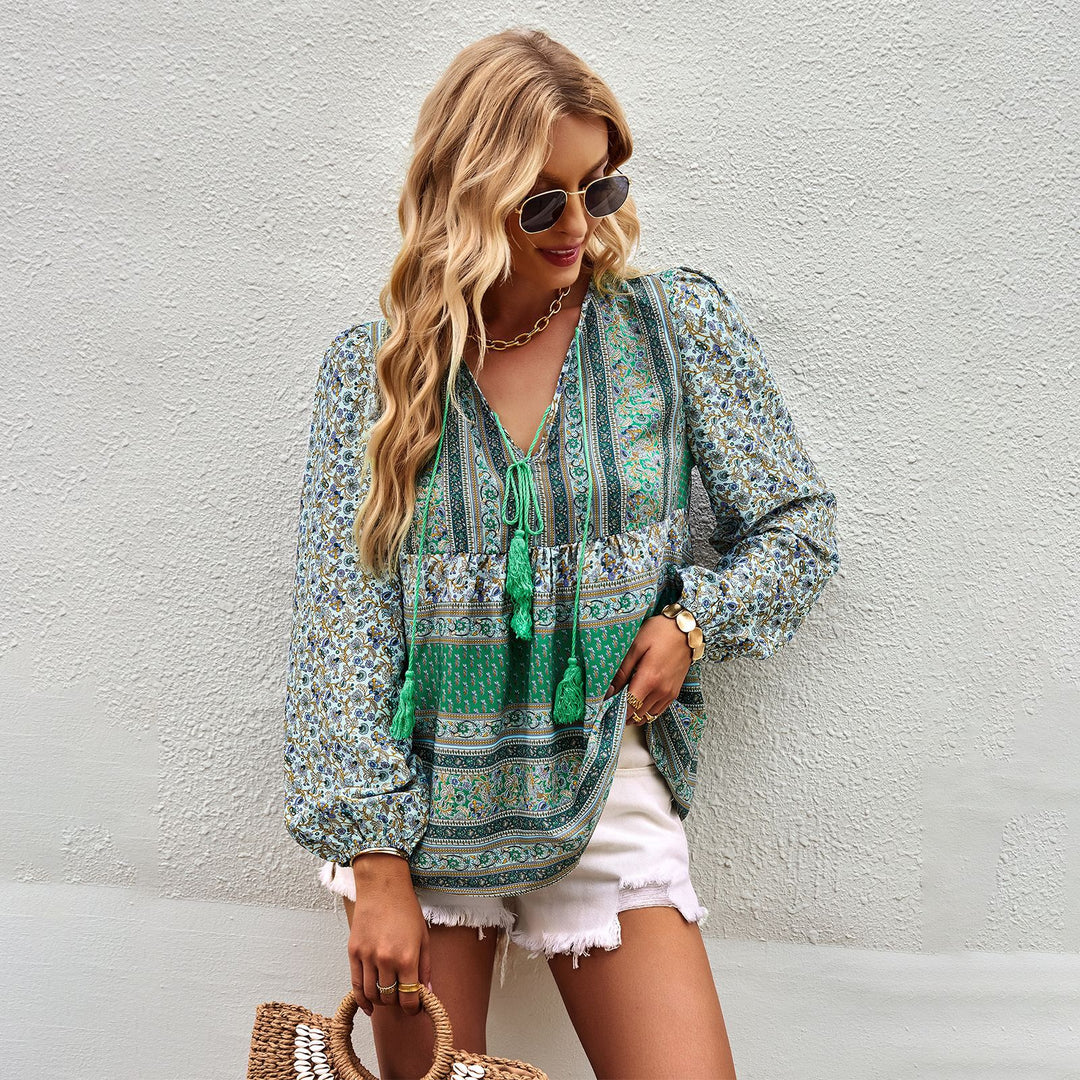 Damen nan lockere Boho-Tunika-Bluse mit V-Ausschnitt, Quasten-Tie und gerafften Ballonärmeln EB