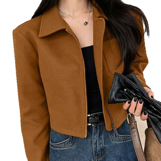 Damen Kurzjacke aus Wildlederimitat mit Reißverschluss und Hemdkragen EB