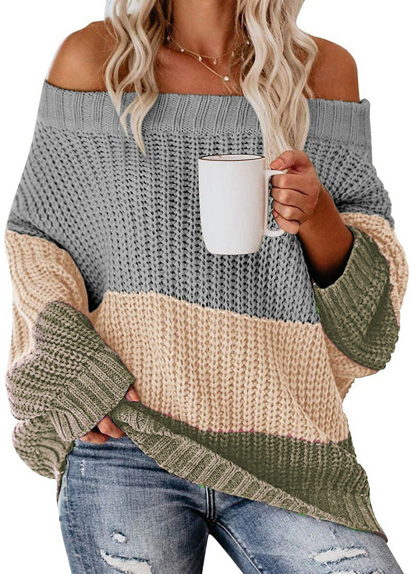 Damen lässiger Strickpullover mit weitem Ausschnitt und Farbblockdesign EB