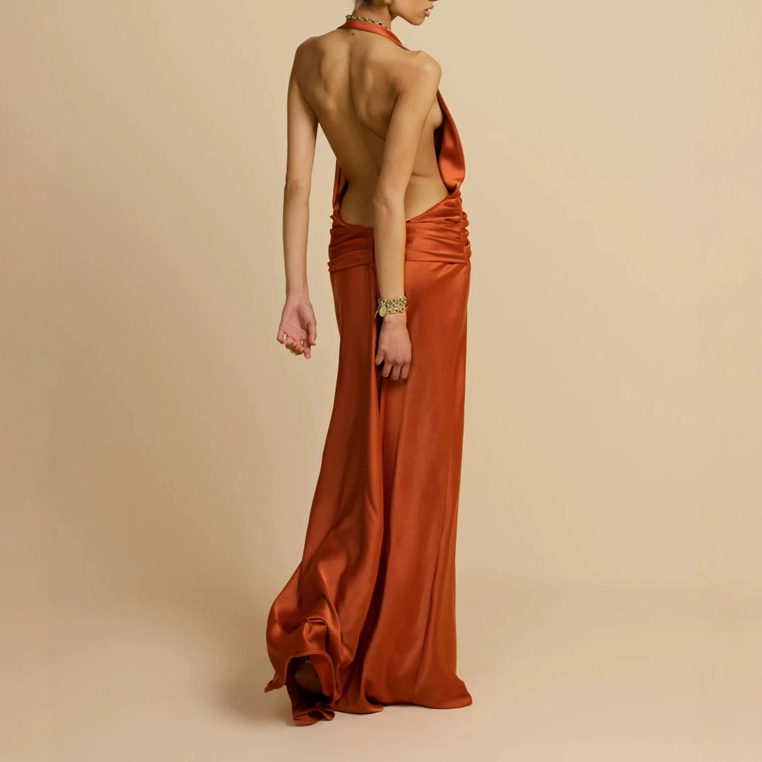 Damen Elegantes Maxikleid mit tiefem V-Ausschnitt und raffinierten Drapierungen EB
