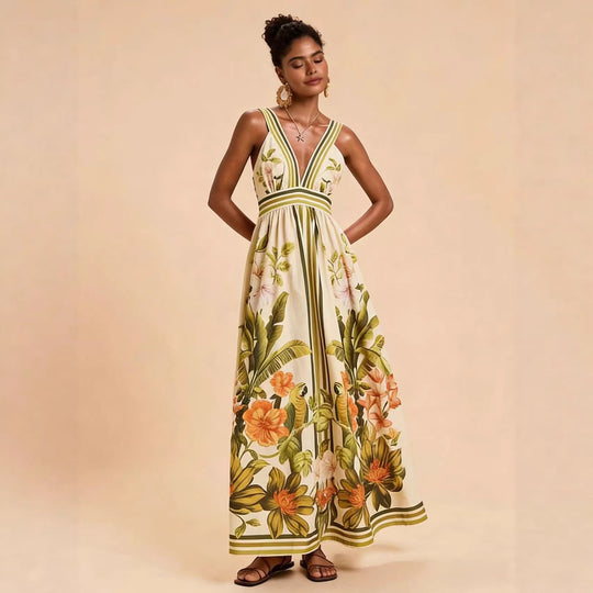 Damen Maxikleid mit tiefem V-Ausschnitt und floralem Design EB
