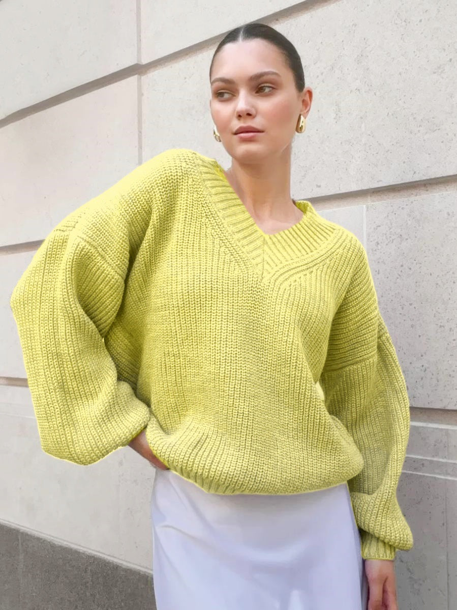Damen lässiger Pullover mit V-Ausschnitt und voluminösen Ärmeln EB
