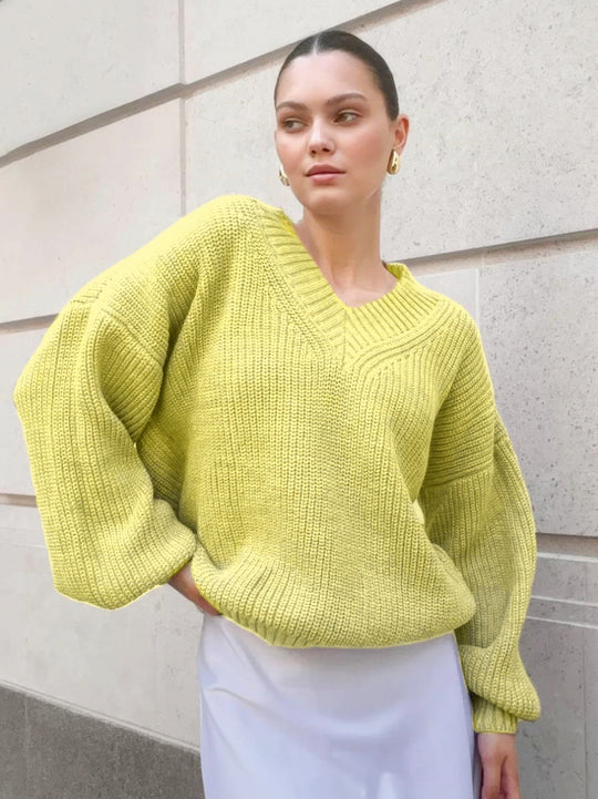 Damen V-Ausschnitt Strickpullover mit voluminösen Ärmeln und strukturierter Oberfläche EB