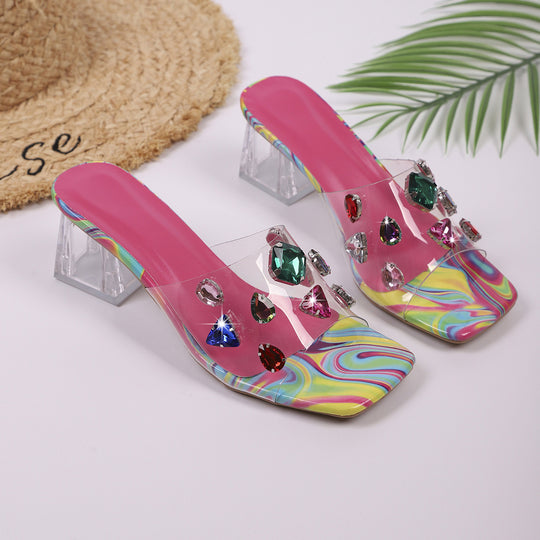 Damen Blockabsatz Sandalen mit funkelnden Strasssteinen und transparentem Obermaterial EB