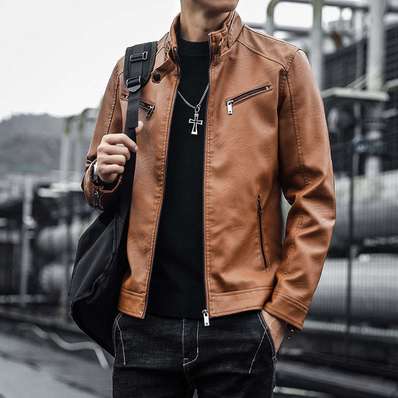 Herren Kunstleder-Motojacke mit hohem Stehkragen und Reißverschlusstaschen EB