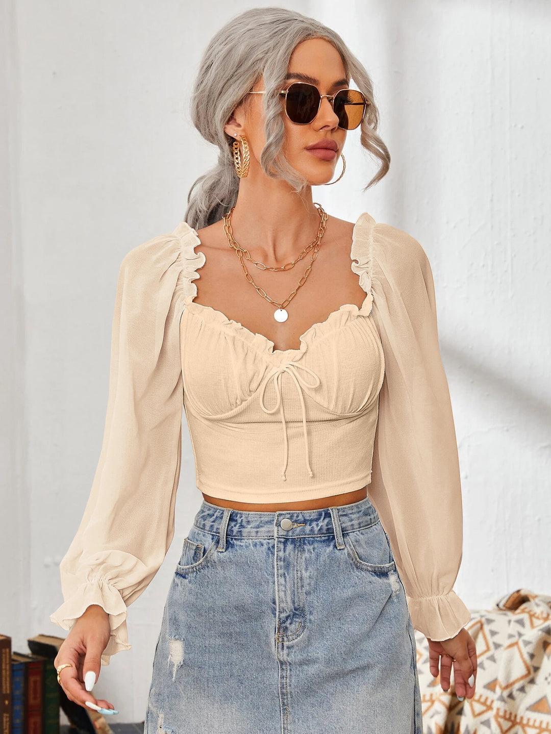 Damen Cropped-Bluse mit Rüschen und eleganten Puffärmeln EB