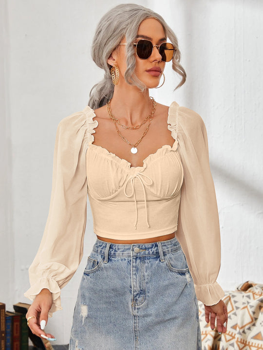 Damen Cropped-Bluse mit Rüschen und eleganten Puffärmeln EB