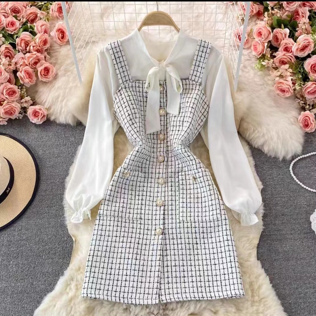 EB | Satz mit Latzkleid Tweed A-Linie Bluse mit Schleife und Puffärmeln