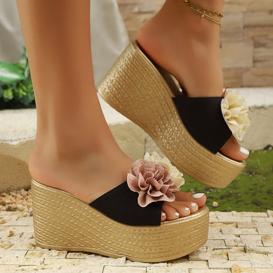 Damen Wedge-Pantoletten mit dekorativer Blumenapplikation und rutschfester Sohle EB