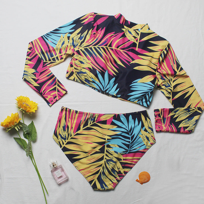Damen Surf-Bikini-Set mit langärmligem Oberteil und buntem Palmendruck EB
