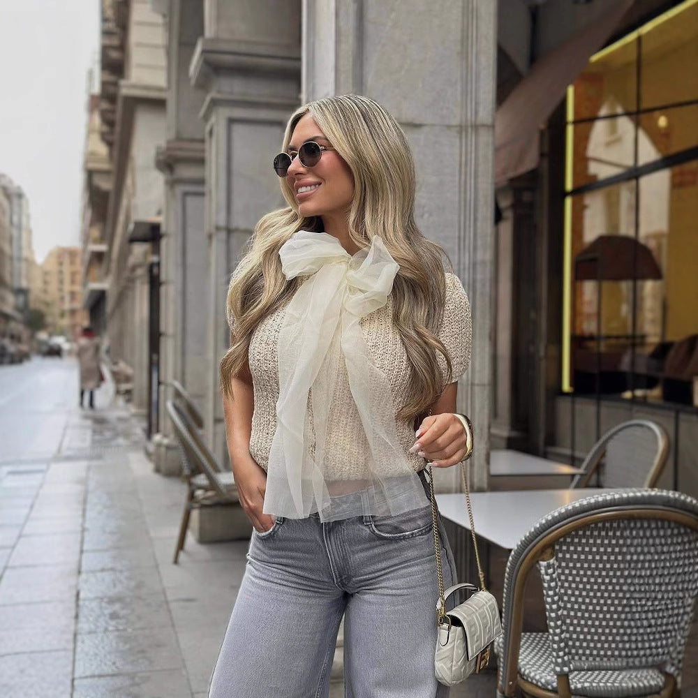 Damen Strickjacke mit dekorativem Schleifenkragen und eleganter Struktur EB
