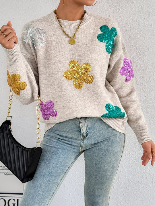 Damen Strickpullover mit glitzernden Blütenapplikationen EB