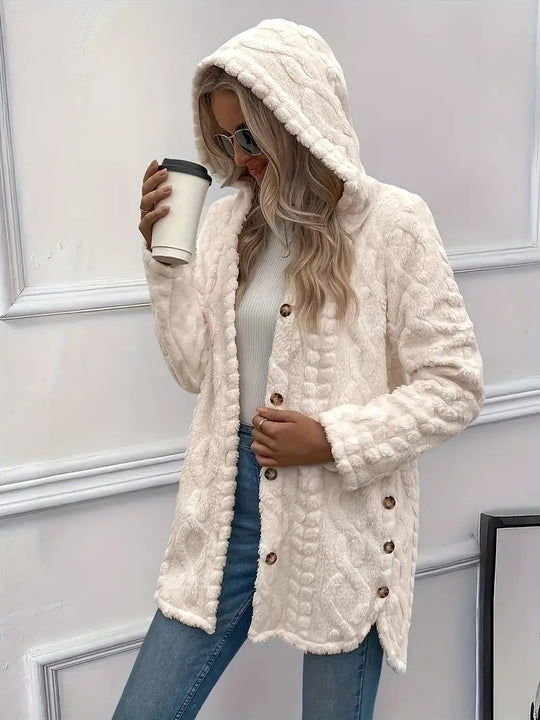 Damen Plüschjacke mit Kapuze und Knopfverschluss EB