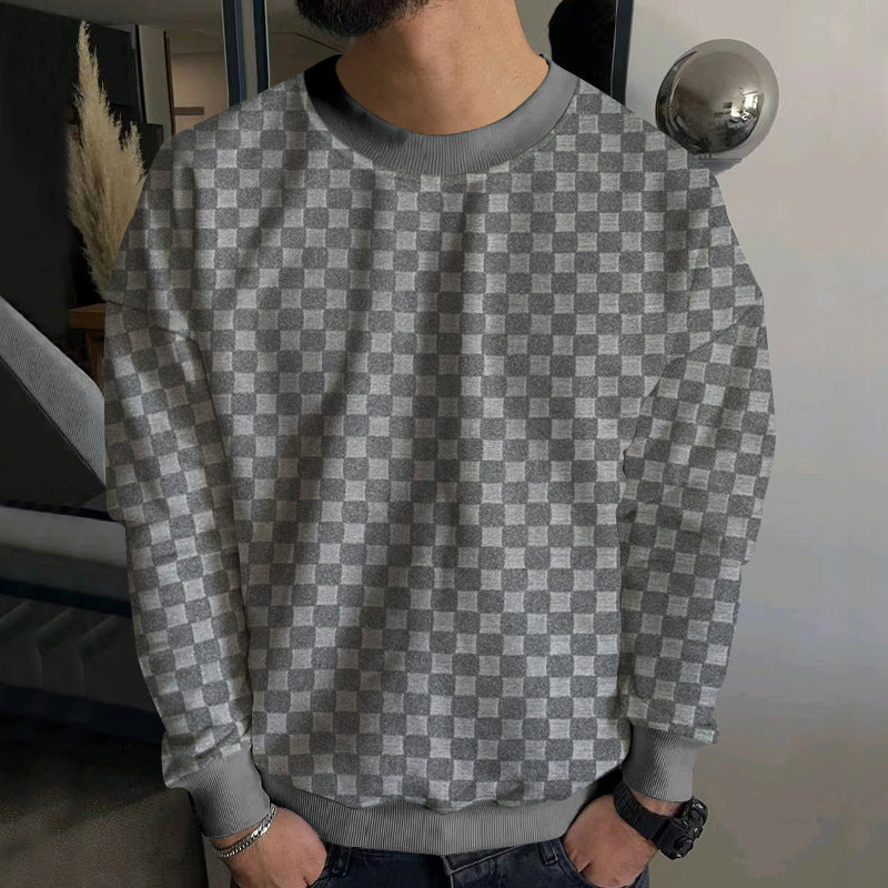 Herren nan geprägter Schachbrett-Sweatpullover mit Oversize-Passform, Rundhalsausschnitt und Rippbündchen EB