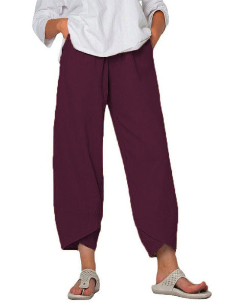 Damen nan lockere Leinenhose mit hohem Bund, Tulpen-Saum und seitlichen Eingrifftaschen EB