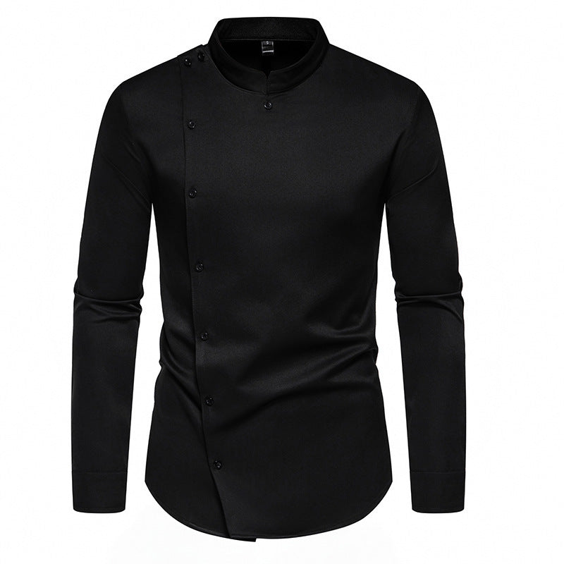 Herren modisches Hemd mit asymmetrischem Knopfdesign und elegantem Stehkragen EB