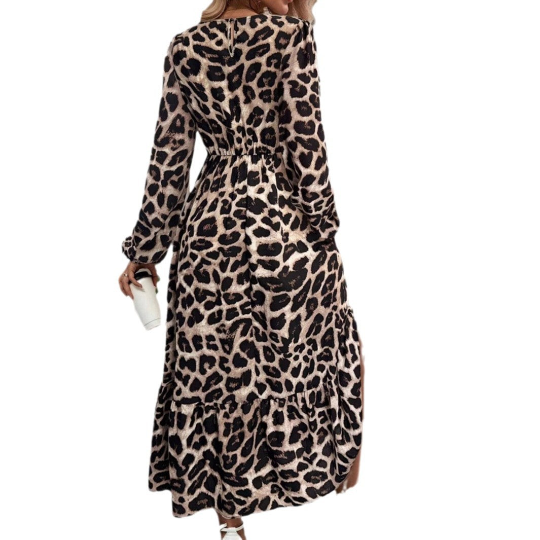 Damen Elegantes Langarm-Maxikleid mit modernem Tierprint und asymmetrischem Saum EB