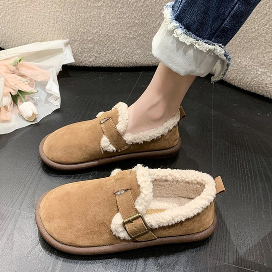Damen Gefütterte Wildleder‑Optik Hausschuhe-Mules mit Teddyfutter und verstellbarem Riemen EB