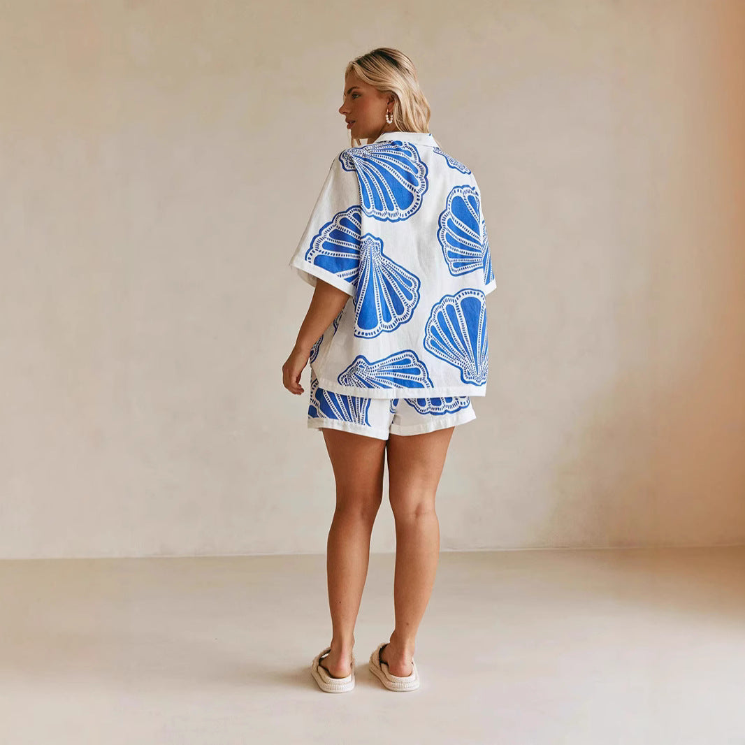Damen Sommerliches Kurzarm-Set mit maritimem Muschel-Design und lockerer Passform EB