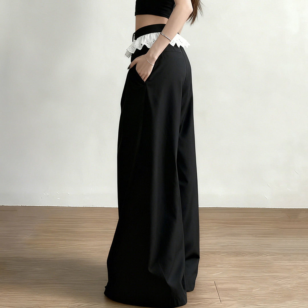 Damen Elegante weite High-Waist-Hose mit Spitzenbesatz EB