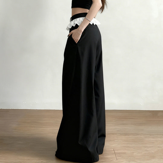 Damen Elegante weite High-Waist-Hose mit Spitzenbesatz EB