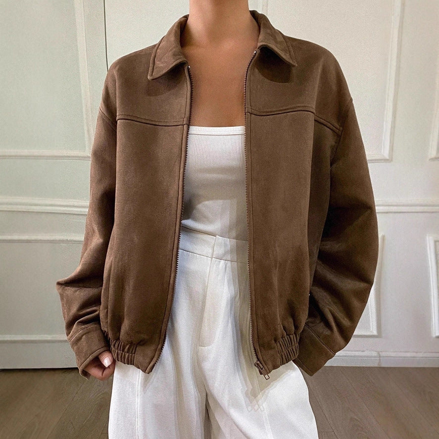 Damen Oversized Wildlederoptik Bomberjacke mit Reißverschluss und elastischem Saum EB