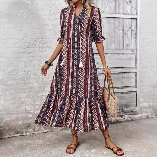 Damen Maxikleid mit grafischem Muster und detailreichen Volants EB