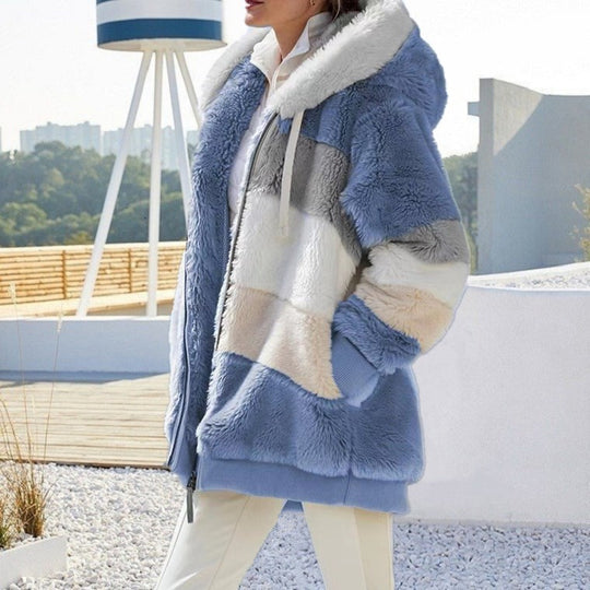 Damen nan Oversize Teddyfell-Kapuzenjacke mit Farbblock-Streifen, hochwertigem Reißverschluss und gerippten Bündchen EB