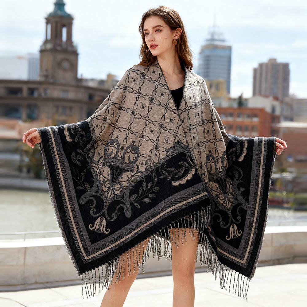 Damen Leichter Jacquard-Überwurf im Kaftan-Stil mit Zierfransen EB