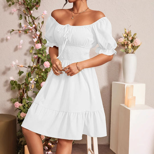 Damen Puffärmel Kleid mit elastischem Tailleneinsatz und Rüschensaum EB