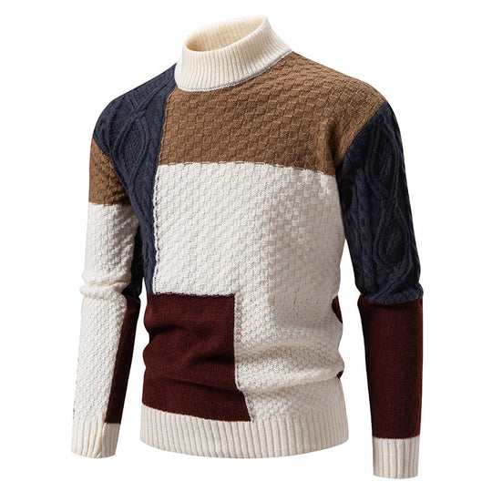 Herren nan strukturierter Patchwork-Strickpullover mit hohem Stehkragen und kombinierten Strickmustern EB