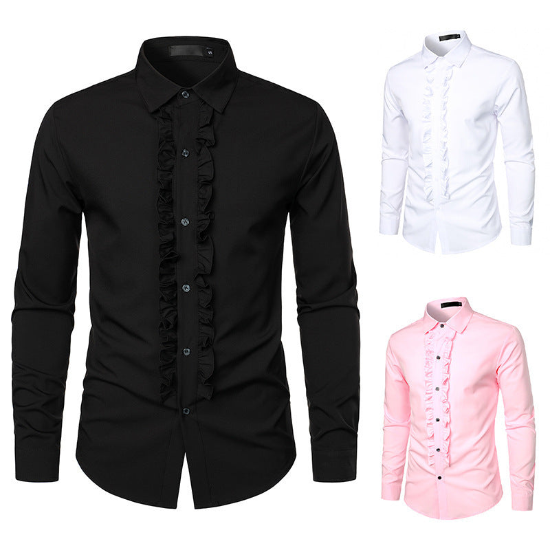 Herren Langarmhemd mit Rüschenverzierung und eleganten Knopfdetails EB