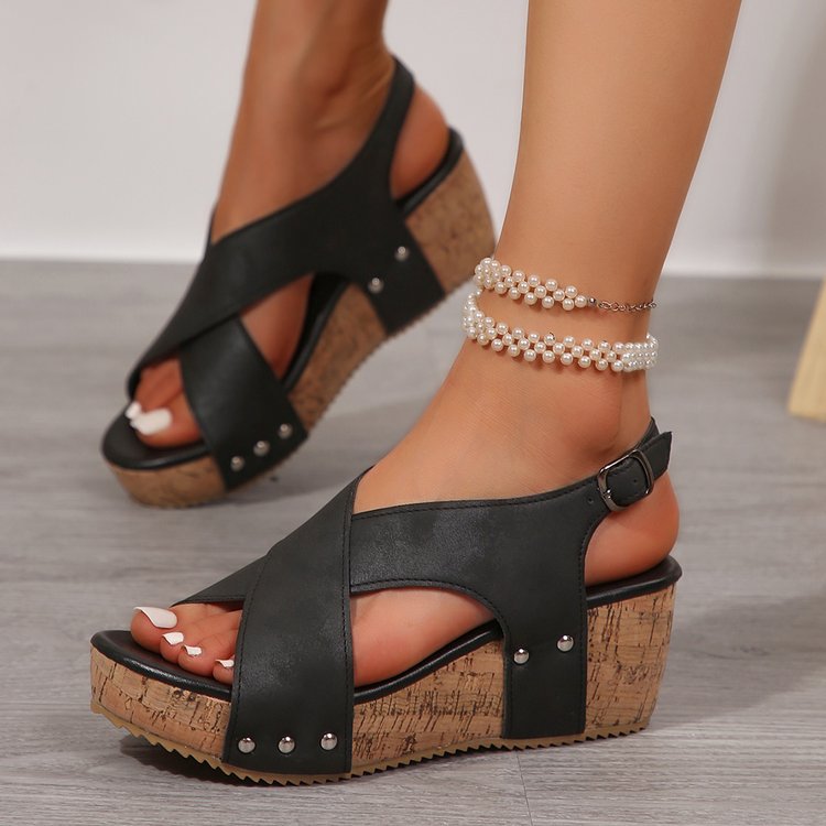 Damen Keil-Sandalen mit verstellbarem Riemen und Korksohle EB