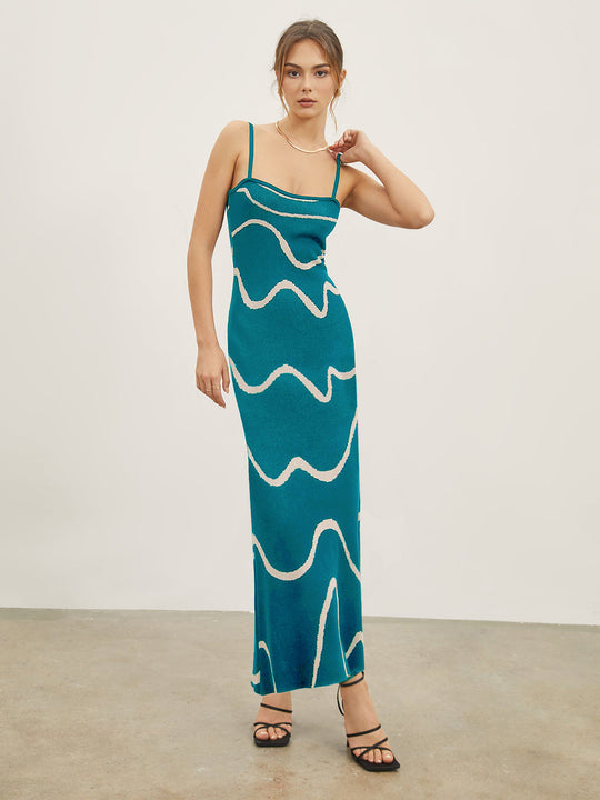 Damen Maxikleid mit modernem Wellenmuster und feinen Spaghettiträgern EB