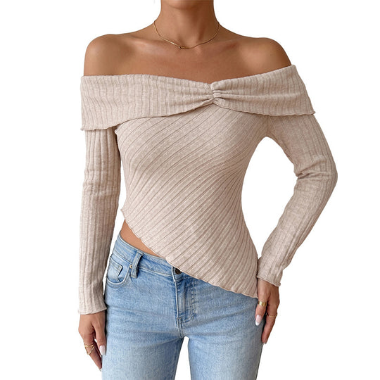 Damen Schulterfreies asymmetrisches Rippstrick-Top mit Knotenpasse EB